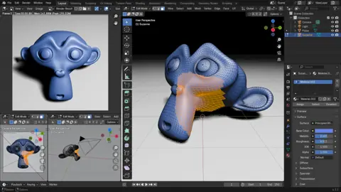 Bildschirm des 3D-Programms Blender mit der Affenfigur Suzanne