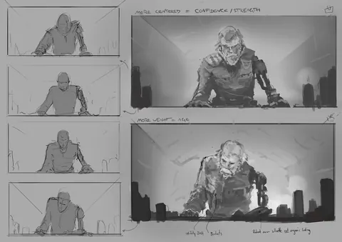 Gezeichnete Storyboard-Skizzen: ein älterer Mann mit Roboterarm in mehreren Bildausschnitten