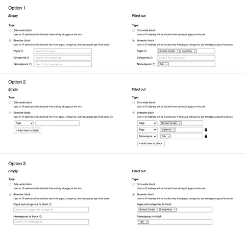 Wireframe: drei Varianten eines Formulars, jeweils leer und ausgefüllt