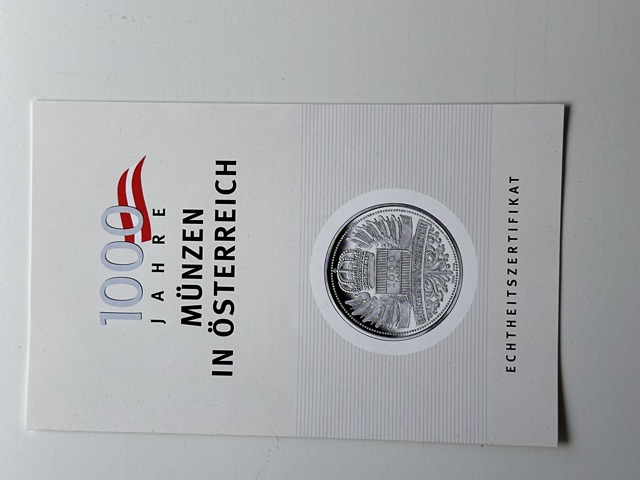 Echtheitszertifikat der Kassette „1000 Jahre Münzen in Österreich“