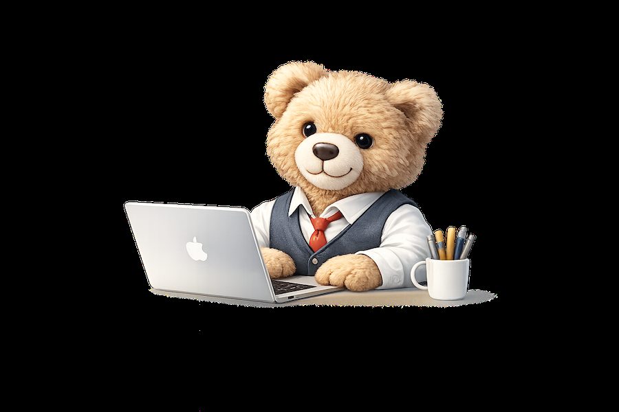 Illustration: Teddybär arbeitet an einem Laptop an einer App