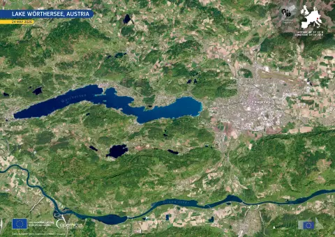 Satellitenbild des Wörthersees in Kärnten, aufgenommen von Sentinel-2