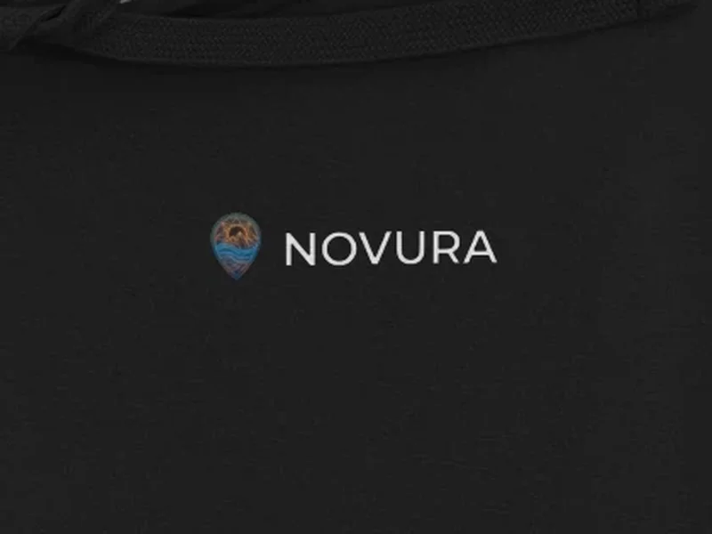 Close-up: NOVURA Night Hoodie, logo on the fabric