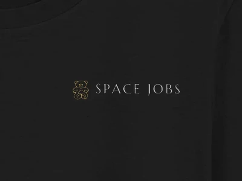 Close-up: Space Jobs Liftoff Tee, logo on the fabric