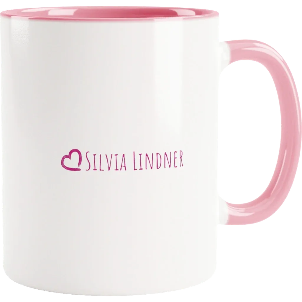 Weiße Tasse mit pinker Innenseite, vorne das Logo von Silvia Lindner