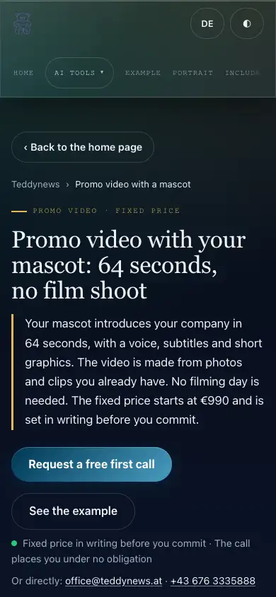Screenshot of the page “Promo video with a mascot” on a Phone