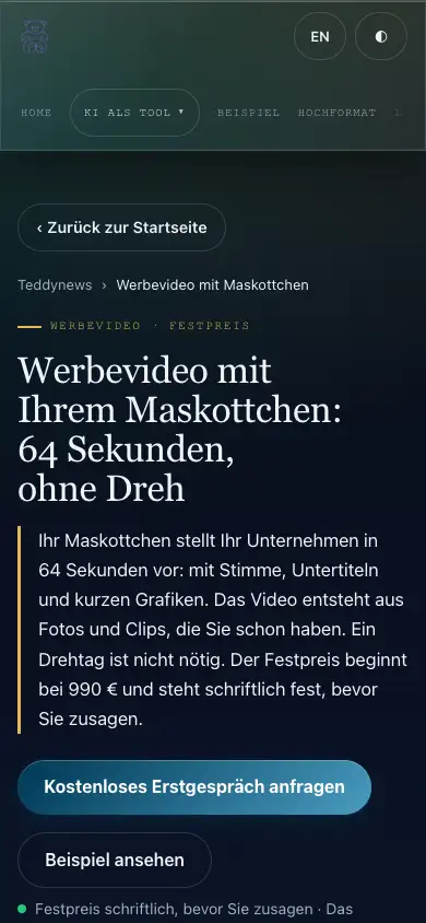 Bildschirmfoto der Seite „Werbevideo mit Maskottchen“ auf dem Handy