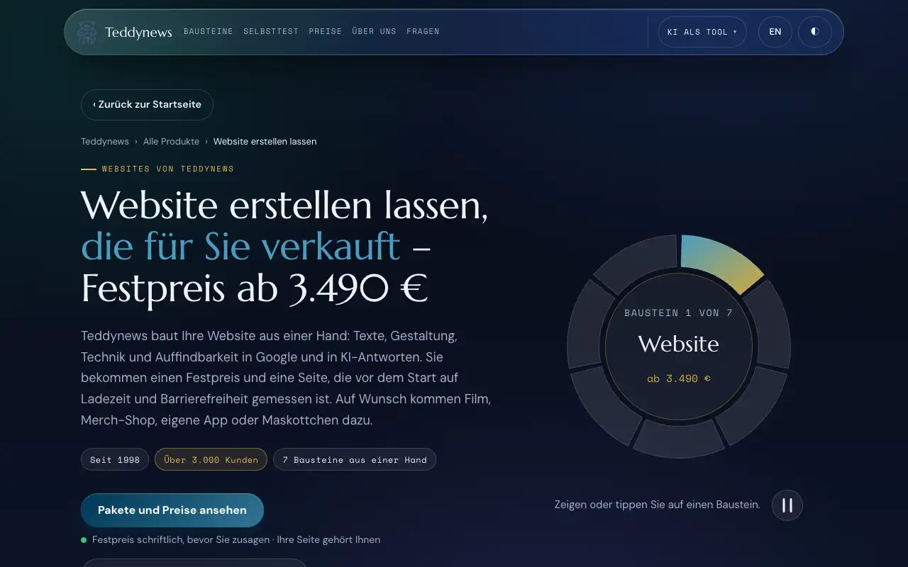 Bildschirmfoto der Seite „Website erstellen lassen“ auf dem Laptop