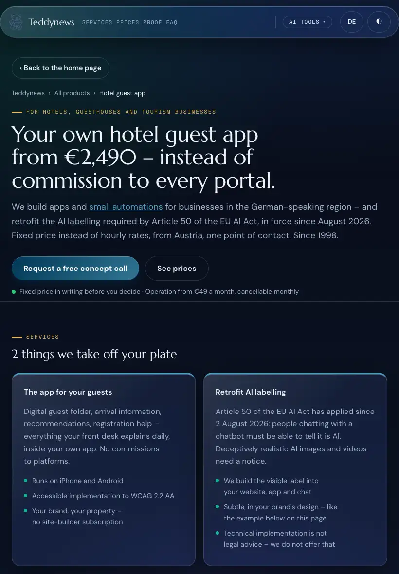 Screenshot of the page “Your own app for hotel guests” on a Tablet