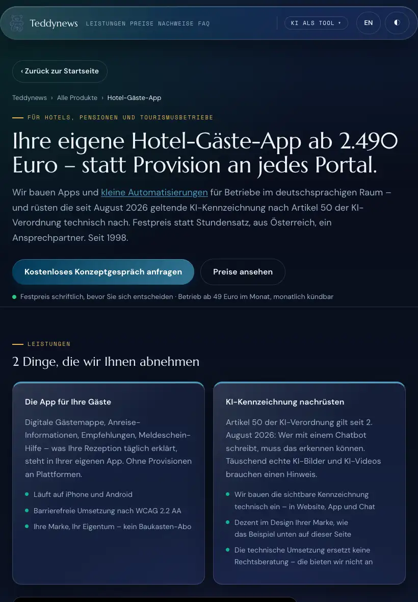 Bildschirmfoto der Seite „Eigene App für Hotelgäste“ auf dem Tablet