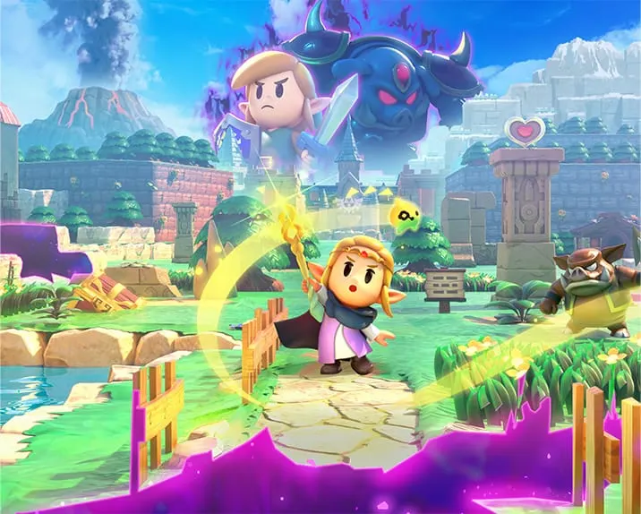 Zelda schwingt einen leuchtenden Stab; hinter ihr ragen Link und ein großer Schatten auf.