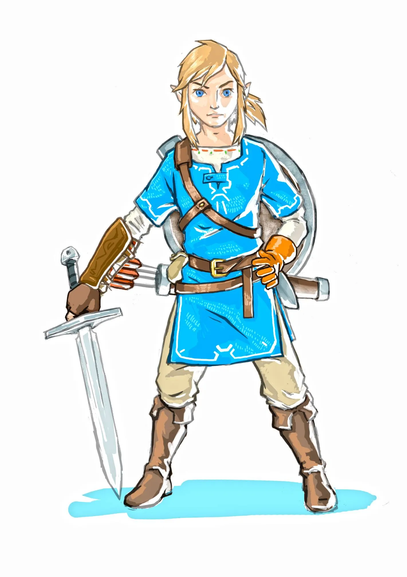 Link in blauer Tunika mit Schwert und Schild, farbige Zeichnung.