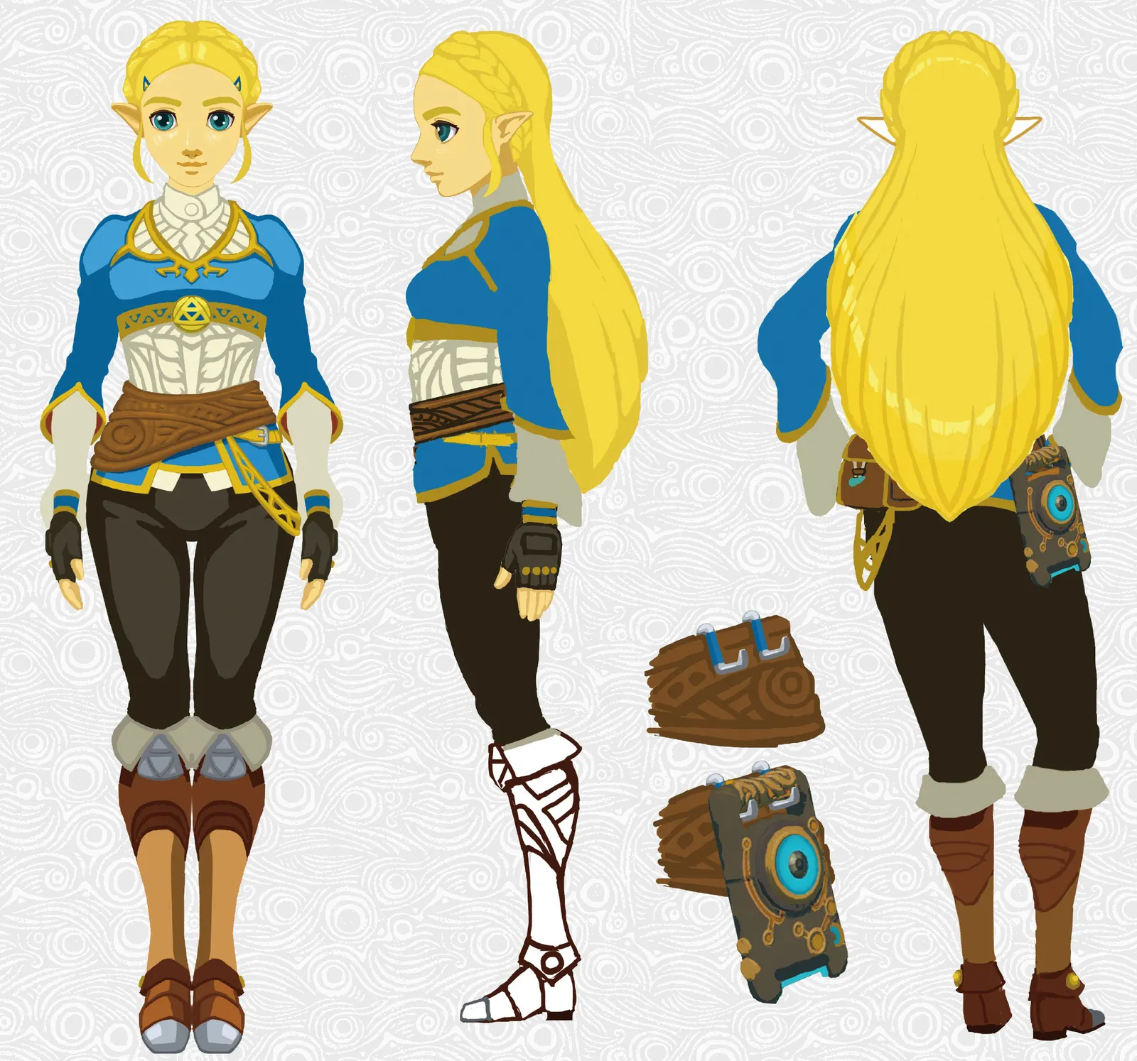 Prinzessin Zelda in blauer Tunika mit langem blondem Zopf, von vorn, von der Seite und von hinten, dazu ein kleines Gerät am Gürtel.
