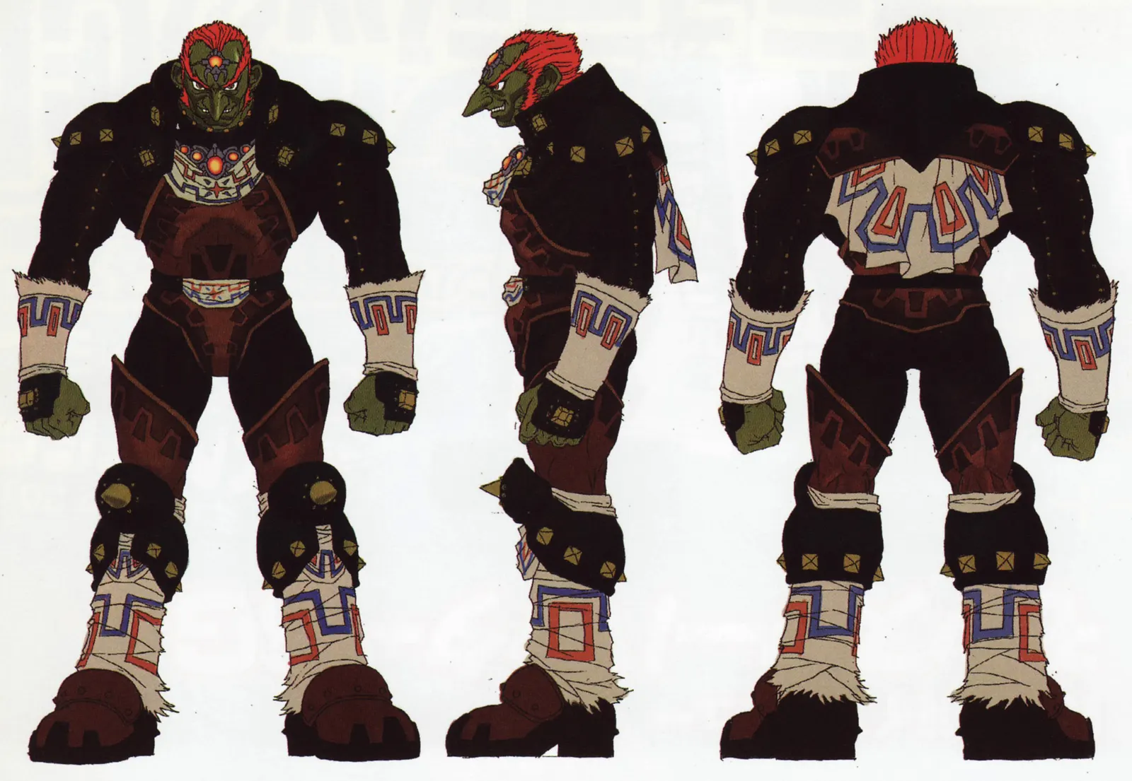 Ganondorf in dunkler Rüstung von vorn, von der Seite und von hinten.