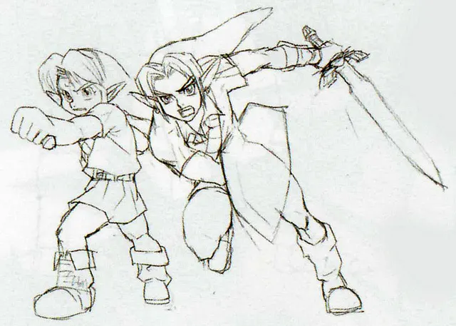 Bleistiftskizze: der junge Link und der erwachsene Link mit Schwert und Schild nebeneinander.