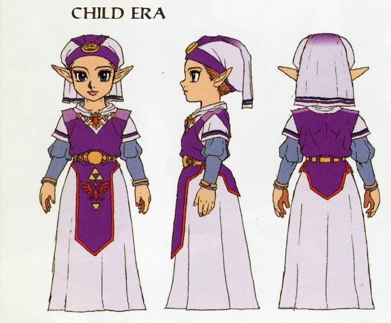 Drei Ansichten der jungen Prinzessin Zelda in lila-weißem Gewand mit Kopftuch, beschriftet „Child Era“.