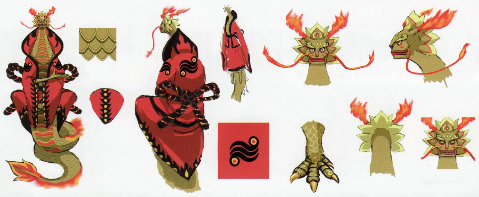 Entwurfsblätter für ein rotes, drachenartiges Wesen mit Kopfschmuck.