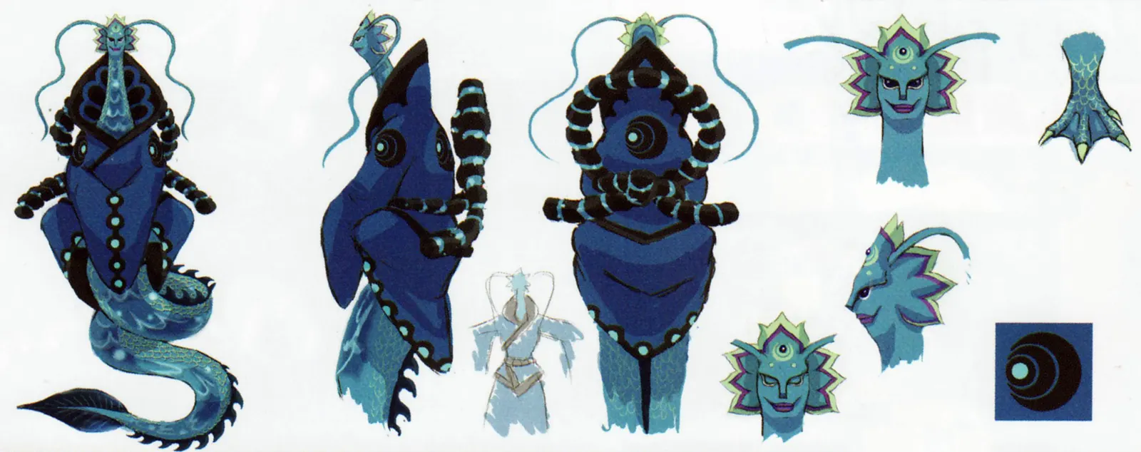 Entwurfsblätter für ein blaues, drachenartiges Wesen in mehreren Ansichten.