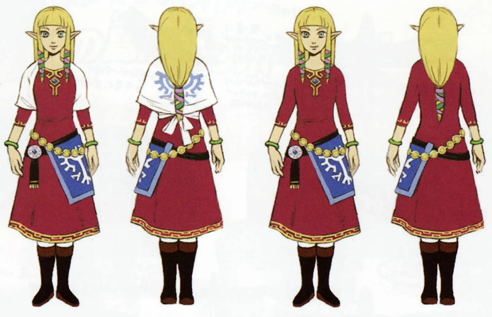 Vier Ansichten von Zelda in rotem Kleid mit blauem Gürtel.
