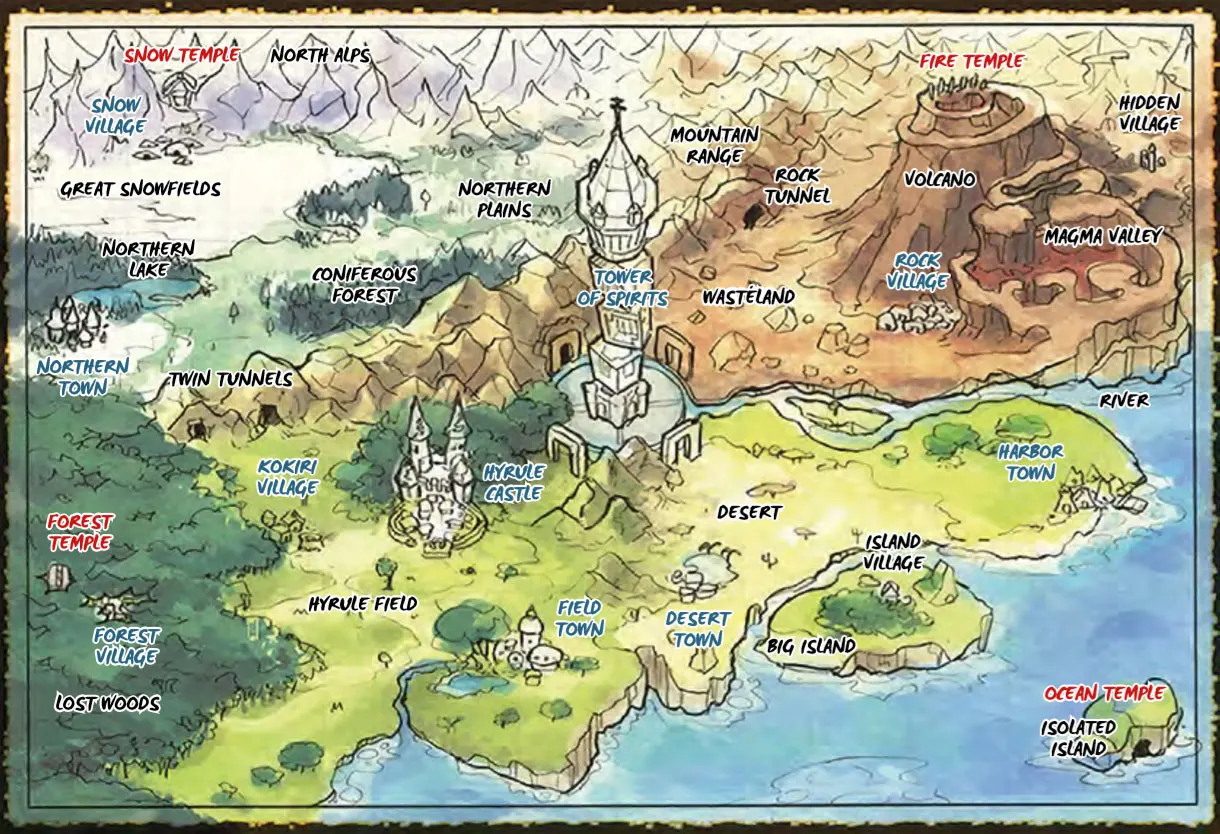 Handgezeichnete Landkarte von New Hyrule mit Dörfern, Bergen, Wüste und Meer.