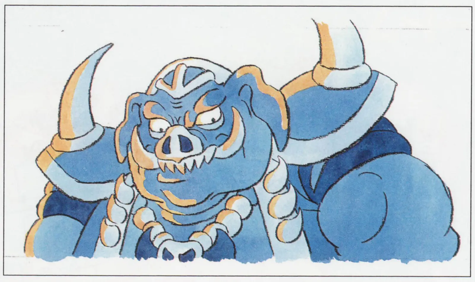 Aquarellskizze eines blauen, schweineartigen Ungeheuers mit Hörnern.