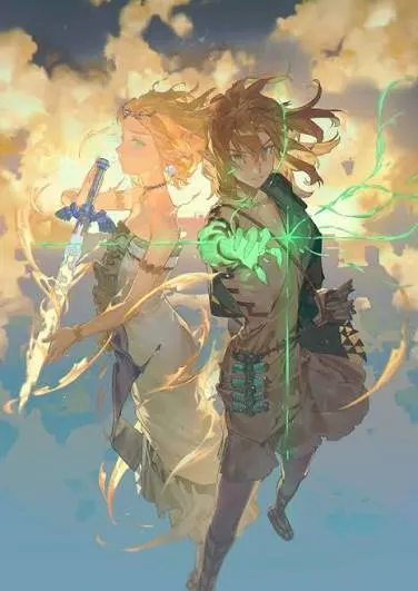 Zelda und Link stehen Rücken an Rücken in hellem Licht; Zelda hält ein Schwert.