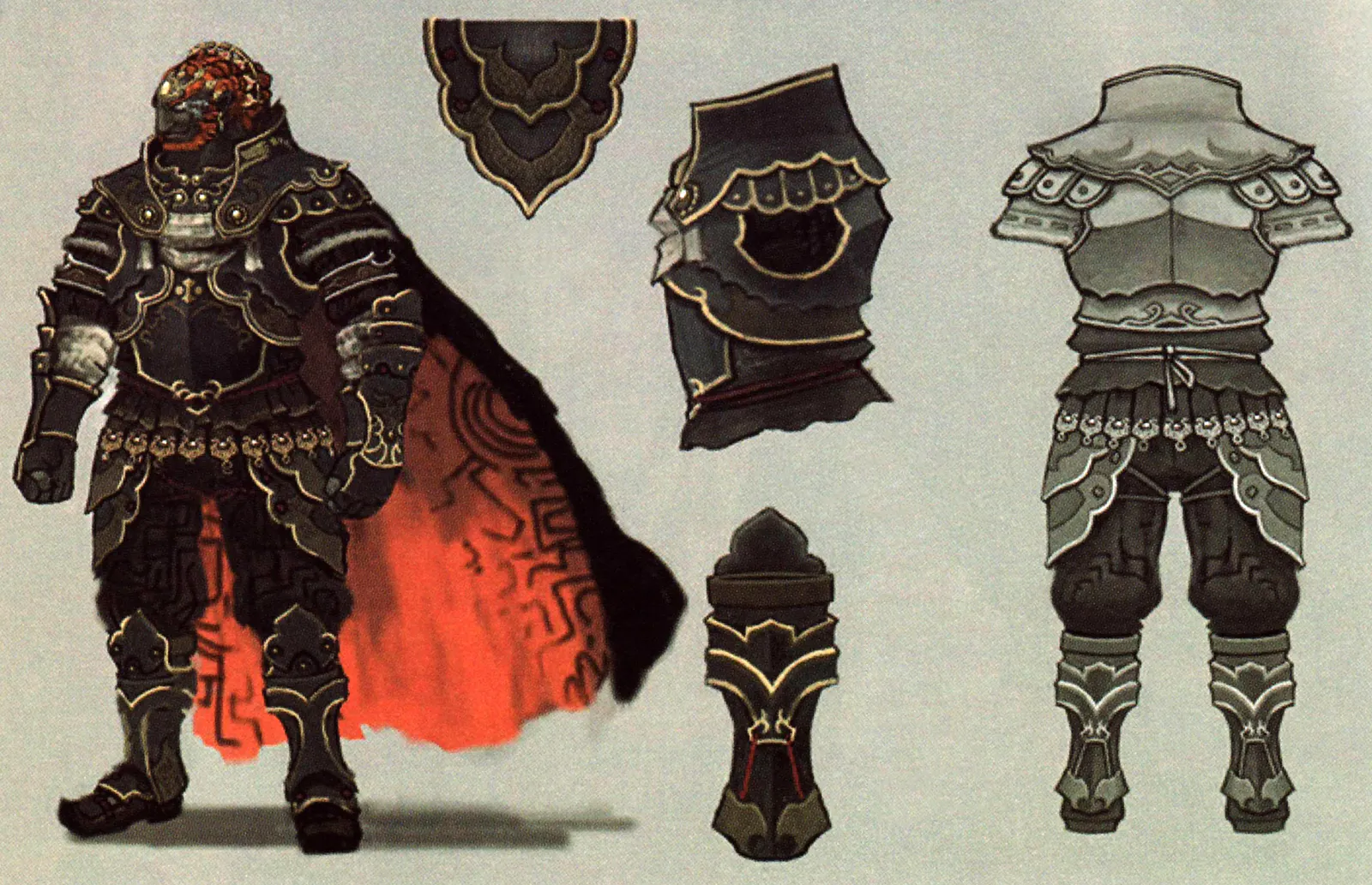 Ganondorf in schwerer Rüstung mit rotem Umhang, daneben einzelne Rüstungsteile.